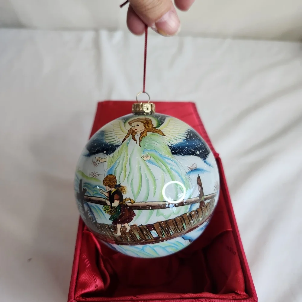 Pier 1 Vintage Reverse Painted Glass Ornament With Box. Guarduan Of Peace